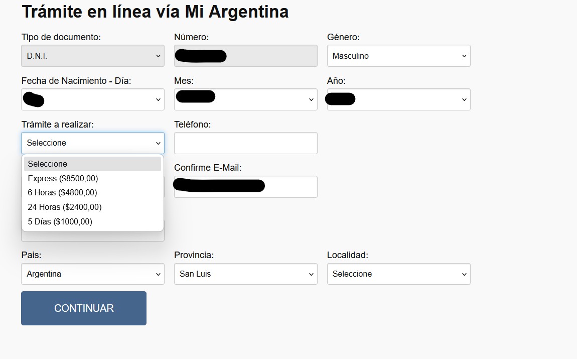Formulario Trámite en línea vía Mi Argentina con el desplegable Trámite a realizar abierto