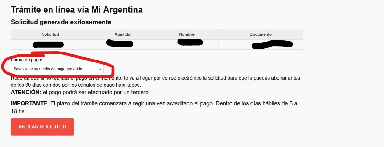 Pantalla Solicitud generada exitosamente con el desplegable Forma de pago resaltado