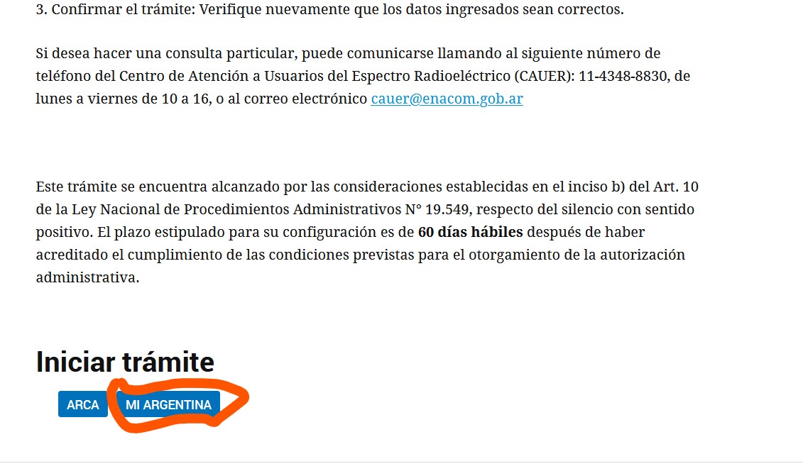 Sección Iniciar trámite con el botón Mi Argentina resaltado