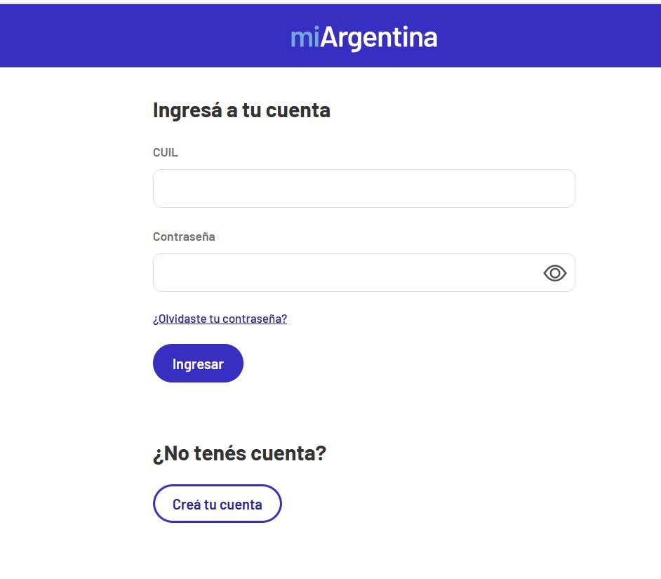Pantalla de ingreso a Mi Argentina