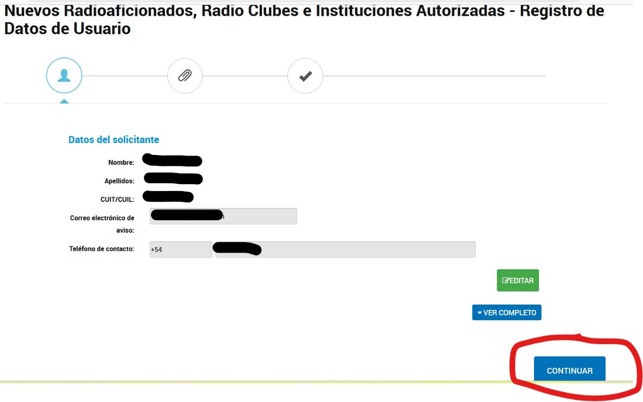 Pantalla Datos del solicitante con el botón Continuar resaltado