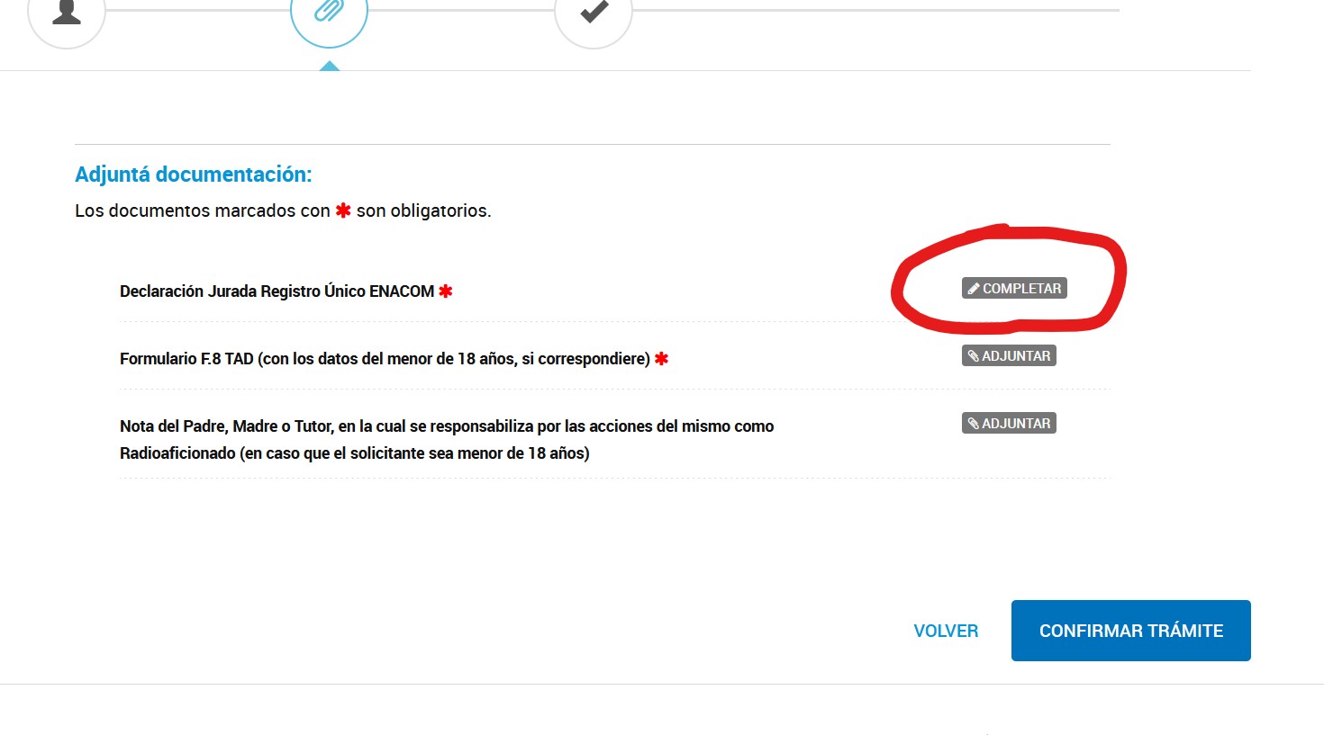 Listado de documentación con el botón Completar de la declaración jurada resaltado