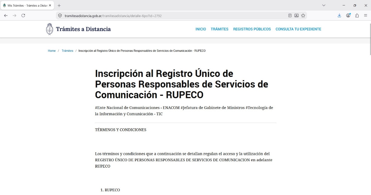 Página del trámite RUPECO en Trámites a Distancia