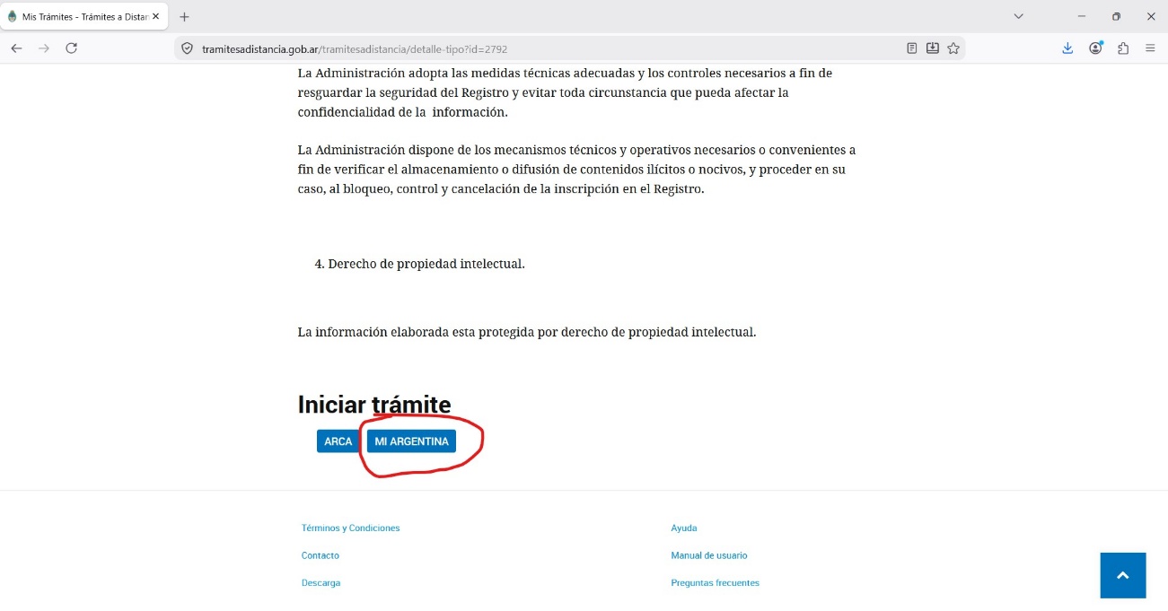 Sección Iniciar trámite con el botón Mi Argentina resaltado
