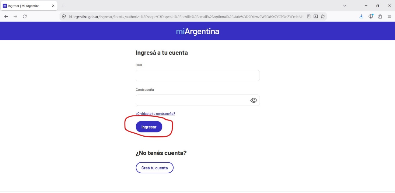 Pantalla de ingreso a Mi Argentina con el botón Ingresar resaltado