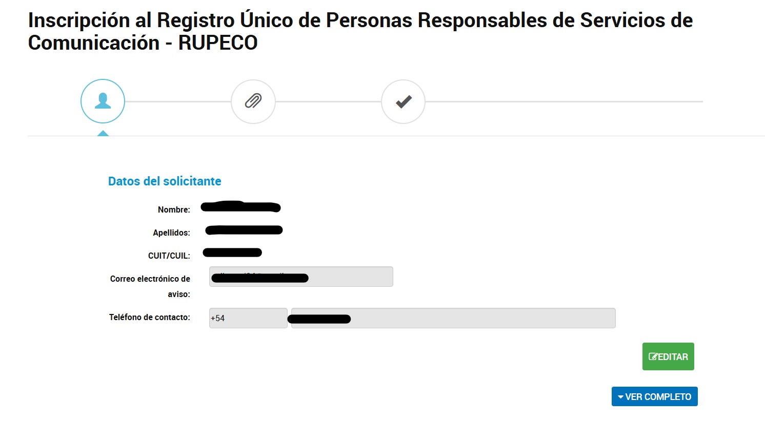 Pantalla Datos del solicitante del trámite RUPECO