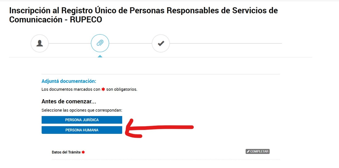 Botones Persona Jurídica y Persona Humana, con Persona Humana señalado