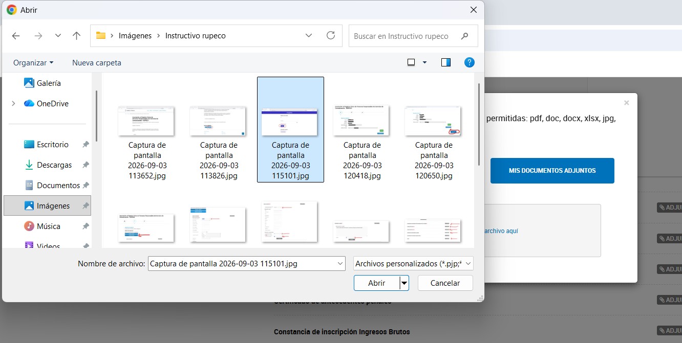 Explorador de archivos para elegir el documento a adjuntar
