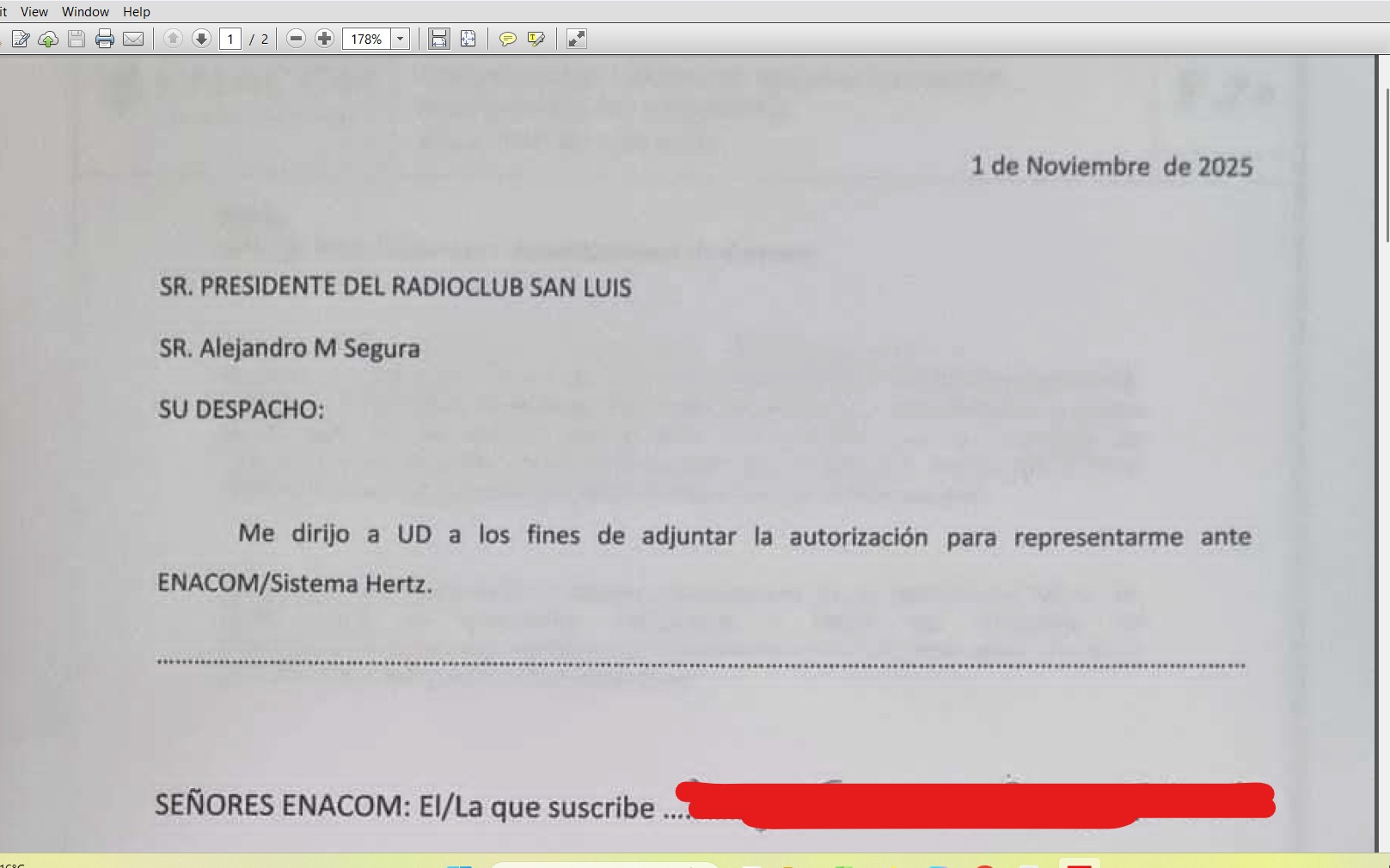 Modelo del poder que entrega el Radio Club para representar al aspirante ante ENACOM