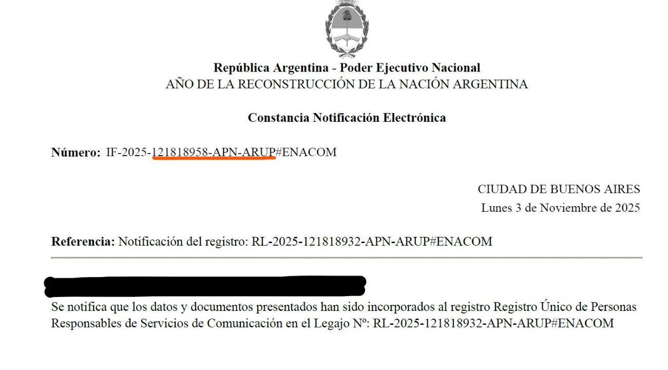 Constancia de notificación electrónica de RUPECO con el número subrayado