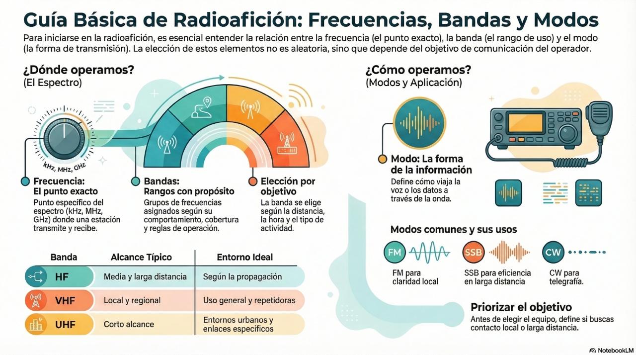 Infografía sobre frecuencias, bandas y modos en radioafición